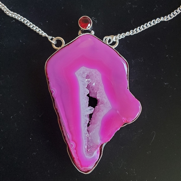 New Pink Agate Druzy & Garnet 925 Silver Necklace. - Picture 9 of 14